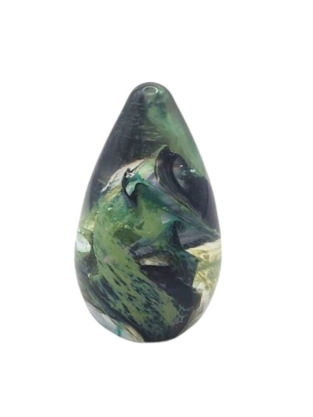 Hand Blown Green & Dark Swirl Teardrop Shaped Art Glass 2.5" Tall Paperweight